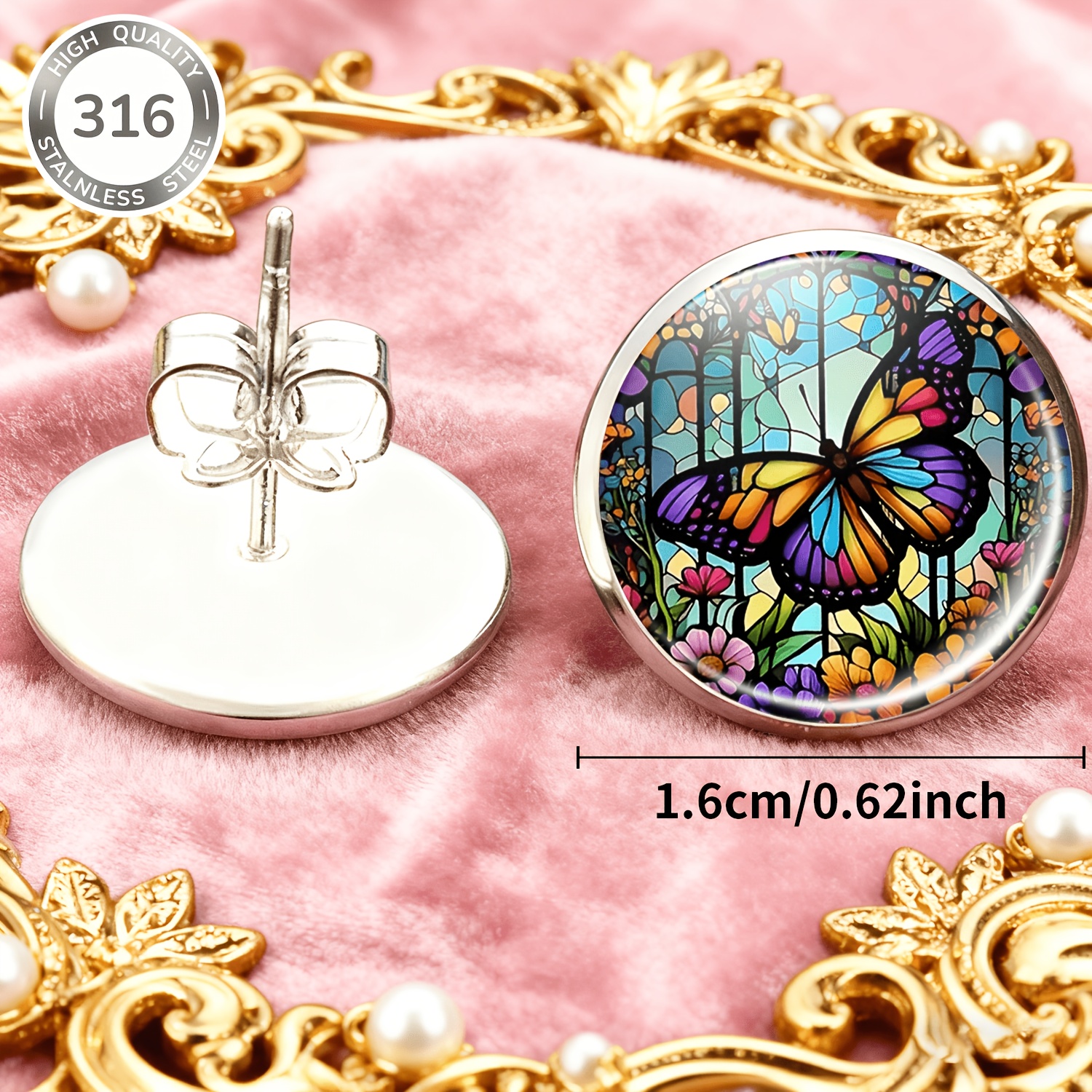 Colorized Butterfly Decorated Glass Style Round Stud Earrings